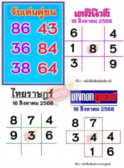 หวยหนังสือพิมพ์ไทยรัฐ เลขเด็ดไทยราษฎร์ หวยเดลินิวส์ หวยบางกอกทูเดย์ 16/8/68